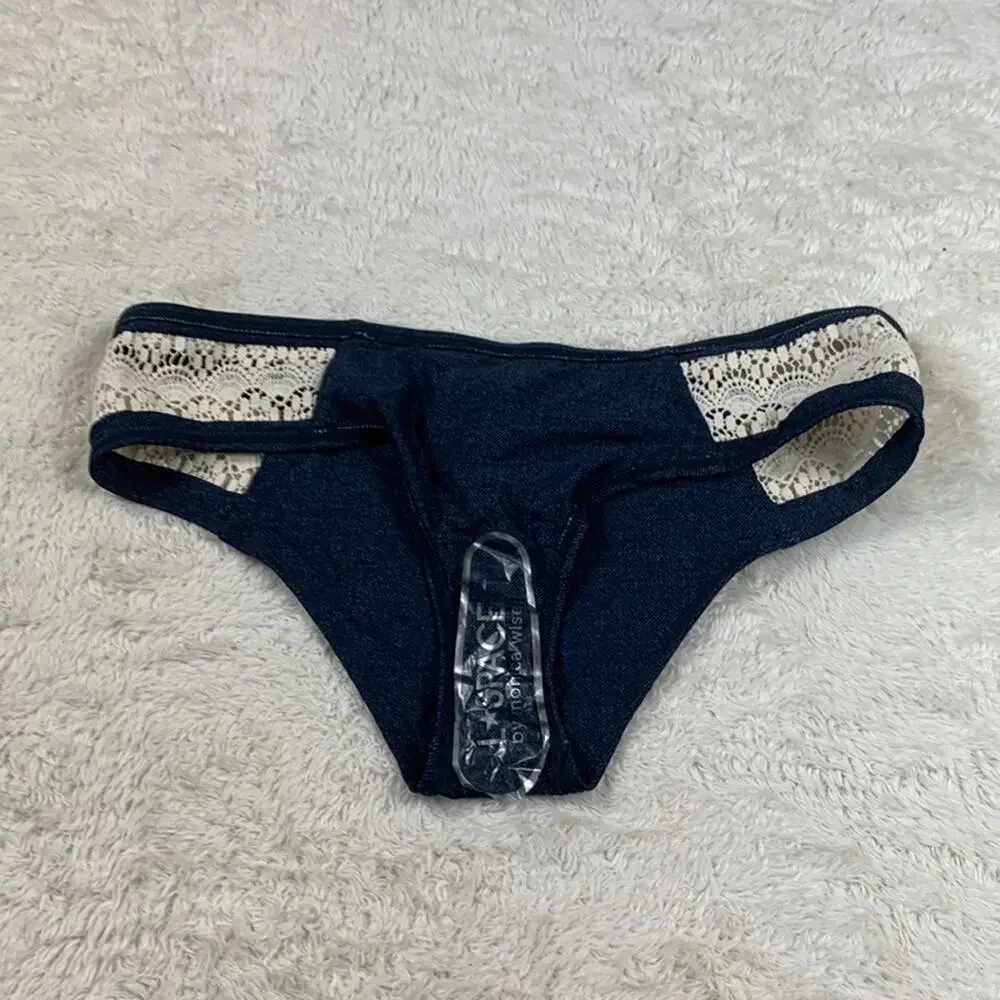 L Space Nanette Dreamer Bitsy Cut denim and crochet bikini bottoms, NWT L
